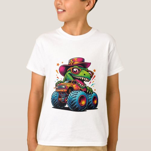 Funny Dinosaur T Rex On Monster Truck T_Shirt