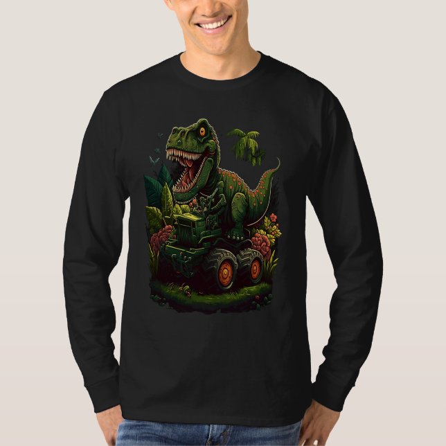 Funny Dinosaur Taking Monster Truck Joyride T-Shirt (Front)