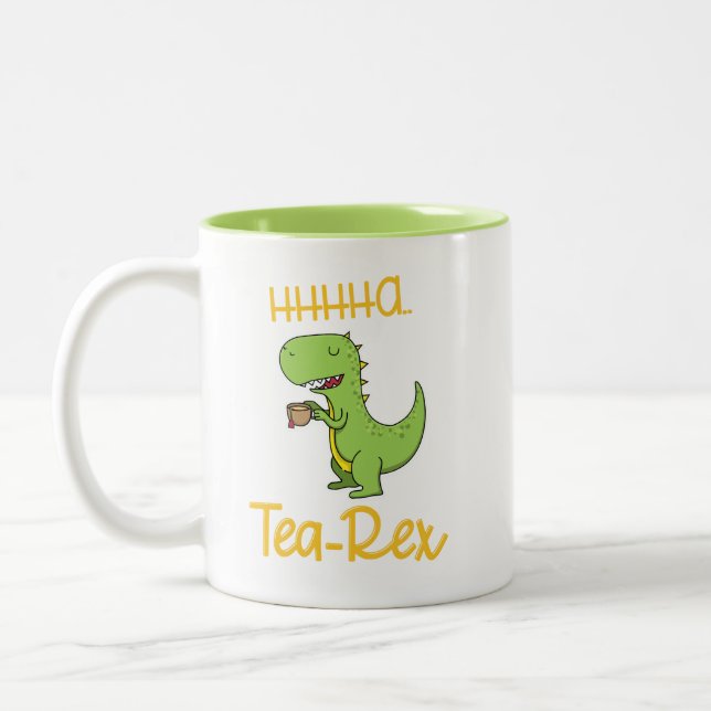 Funny Dinosaur Tea Rex Tyrannosaurus Birthday Two-Tone Coffee Mug (Left)