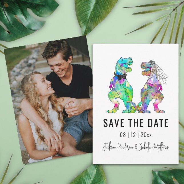 Funny Dinosaur Themed Wedding Portrait Photo Save The Date (Funny T-Rex bride and groom dinosaur wedding save the date portrait photo card Colorful watercolor )