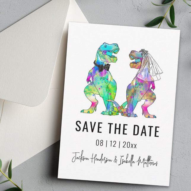 Funny Dinosaur Themed Wedding Save The Date (Funny T-Rex bride and groom Dinosaur wedding save the date Colorful vibrant psychedelic dino)