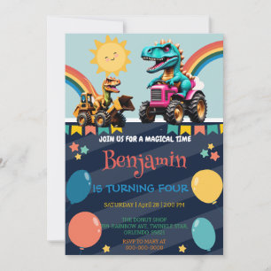 Funny dinosaur tractor balloon School Birthday Invitation