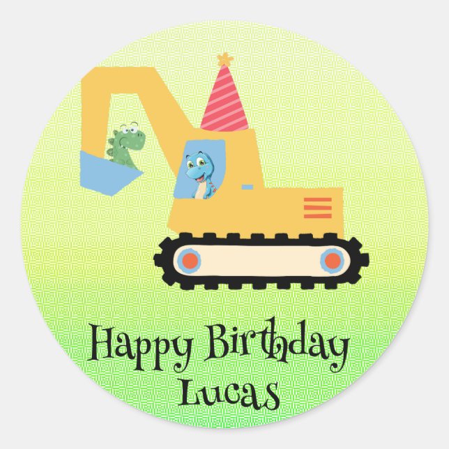 Funny dinosaur tractor Birthday party DIY Name Classic Round Sticker (Front)