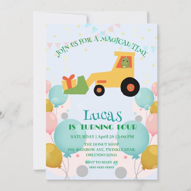 Funny dinosaur tractor Birthday party DIY Name Holiday Card (Front)