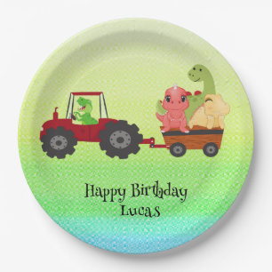 Funny dinosaur tractor Birthday party DIY Name Paper Plates