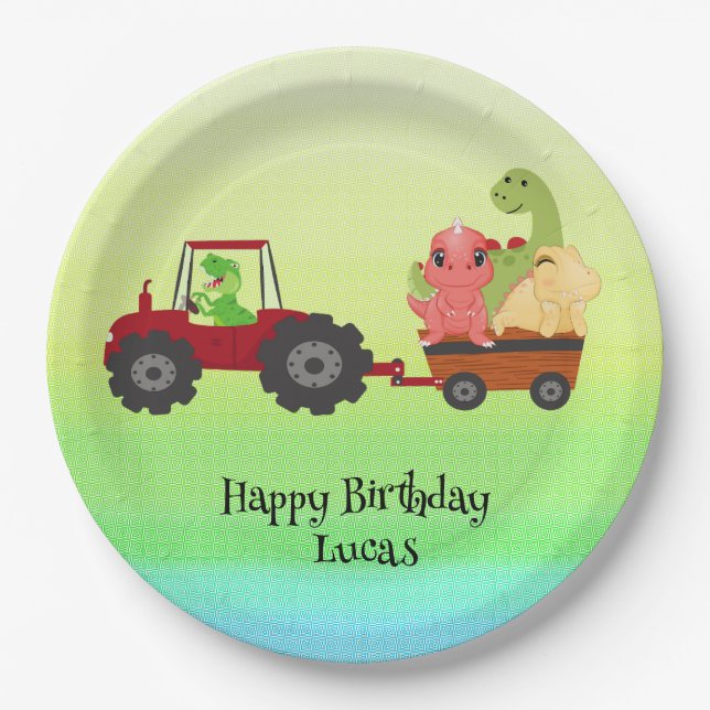 Funny dinosaur tractor Birthday party DIY Name Paper Plates (Front)