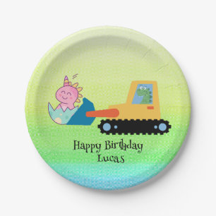Funny dinosaur tractor Birthday party DIY Name Paper Plates