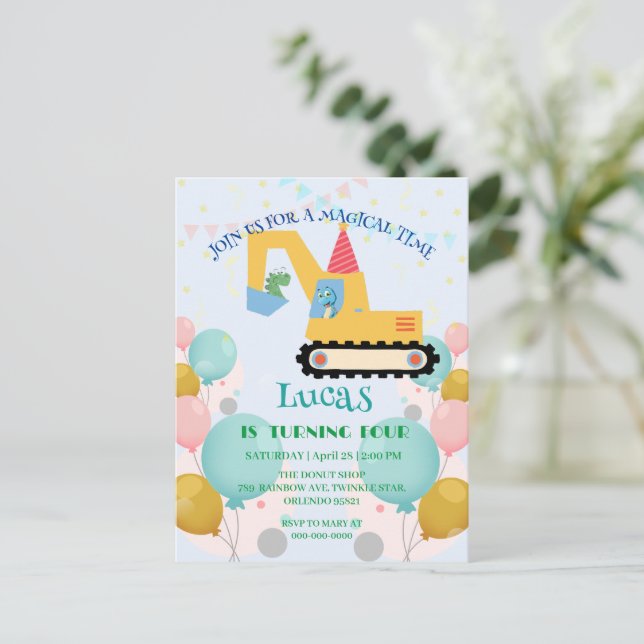 Funny dinosaur tractor Birthday party DIY Name Postcard (Standing Front)