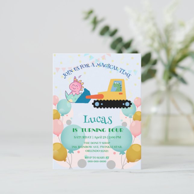 Funny dinosaur tractor Birthday party DIY Name Postcard (Standing Front)