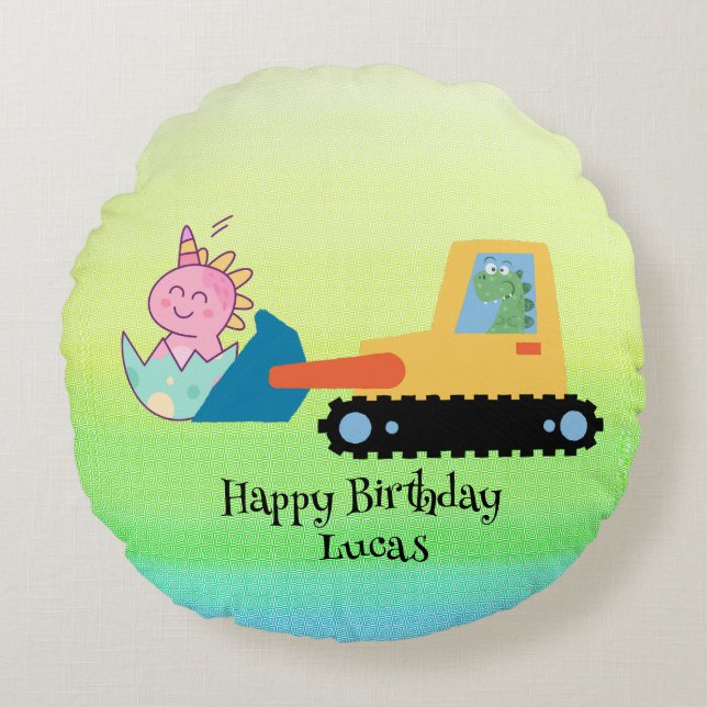 Funny dinosaur tractor Birthday party DIY Name Round Pillow (Front)
