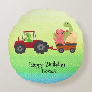 Funny dinosaur tractor Birthday party DIY Name Round Pillow