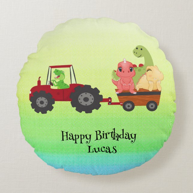 Funny dinosaur tractor Birthday party DIY Name Round Pillow (Front)
