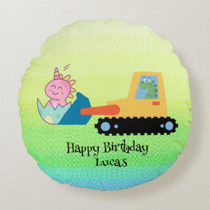 Funny dinosaur tractor Birthday party DIY Name Round Pillow
