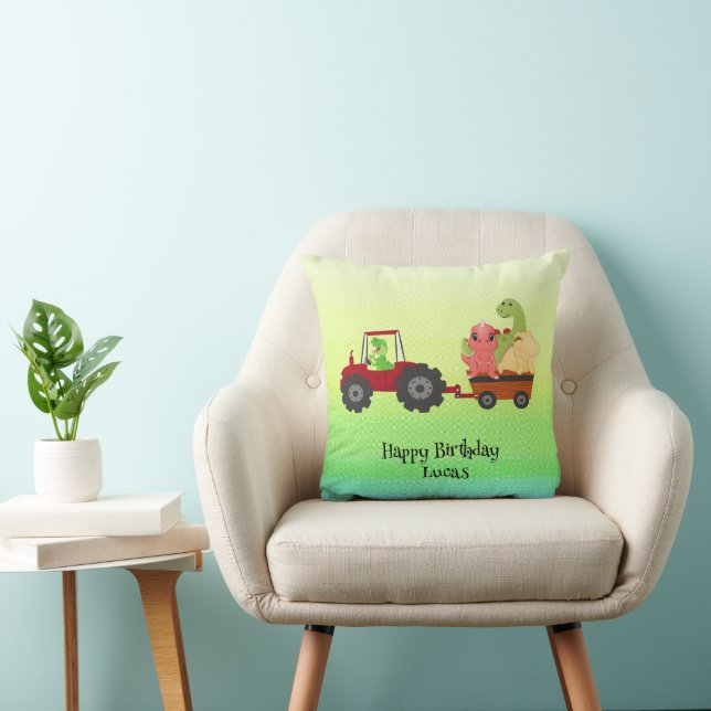 Funny dinosaur tractor Birthday party DIY Name Throw Pillow (Chair)