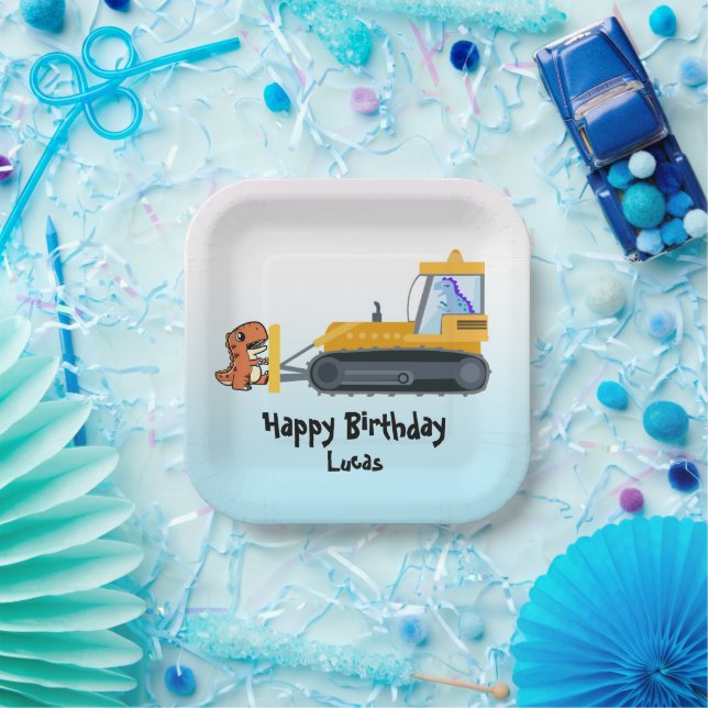 Funny dinosaur tractor boy Back To School Birthday Paper Plates (Party)
