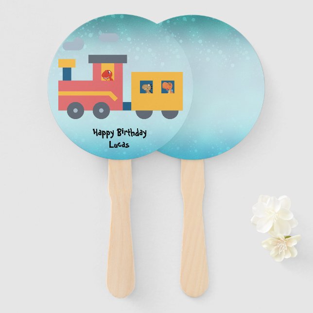 Funny dinosaur train truck boy Back 2 School Birth Hand Fan (Front and Back)