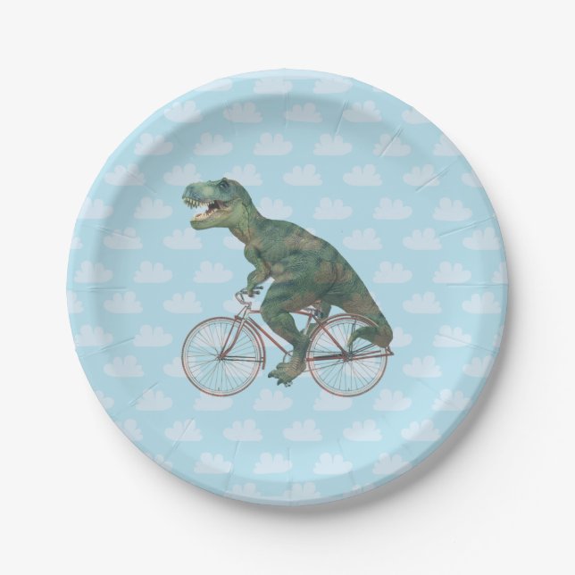 Funny Dinosaur TRex Bicycle Cycling  Paper Plates (Front)