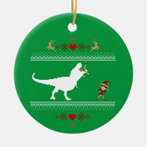 Funny Dinosaur Ugly Sweater Elf T_rex Ceramic Ornament