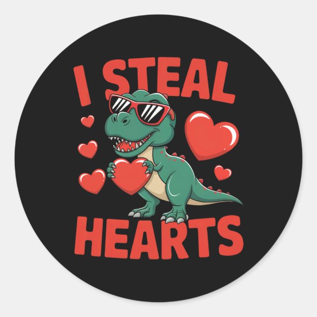 Funny Dinosaur Valentine Design With Hearts  Classic Round Sticker (Front)