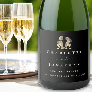 Funny Dinosaur Wedding Black & White Custom Sparkling Wine Label