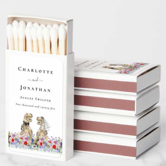 Funny Dinosaur Wedding Bride & Groom Custom Matchboxes (Funny Dinosaur bride & groom custom wedding matchbox sticker colorful watercolor wildflower florals)