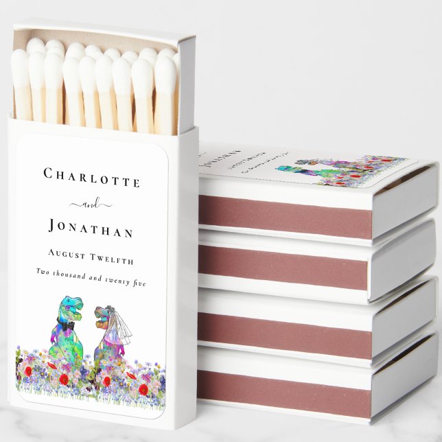 Funny Dinosaur Wedding Bride & Groom Custom Matchboxes (Funny dinosaur wedding bride and groom custom matchbox sticker Watercolor wildflower vibrant florals)