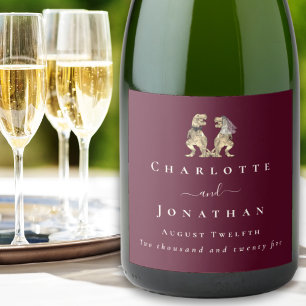 Funny Dinosaur Wedding Burgundy & Cream Custom Sparkling Wine Label