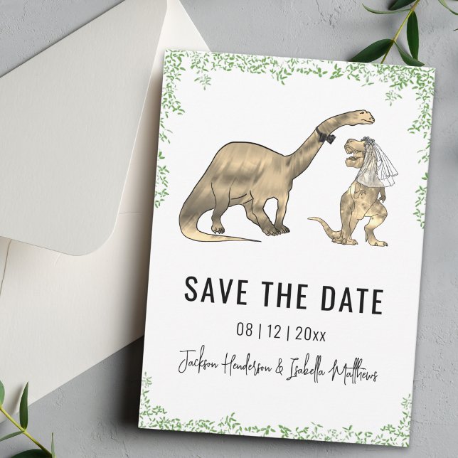 Funny Dinosaur Wedding Green Save The Date (Funny T-Rex bride Brontosaurus groom Dinosaur wedding save the date Watercolor foliage)