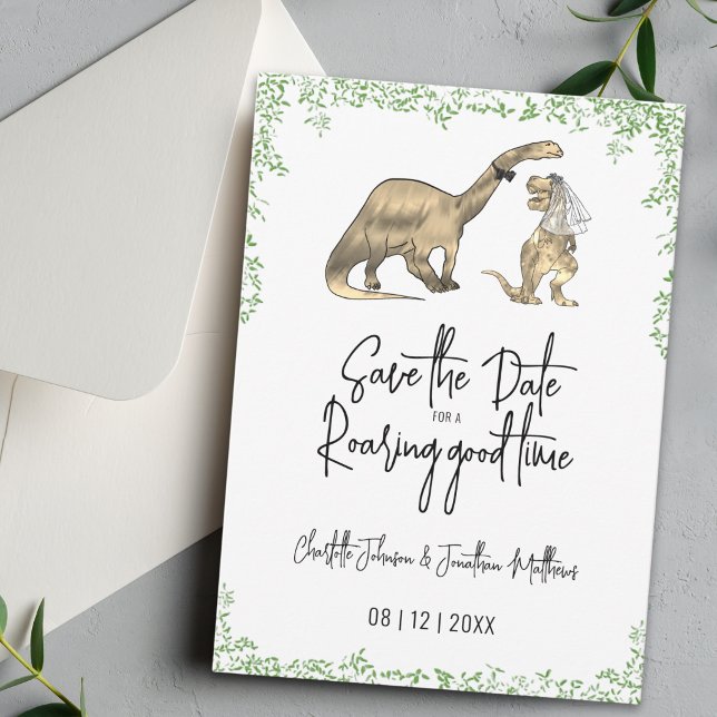 Funny Dinosaur Wedding Green Save The Date (Funny T-Rex bride and Brontosaurus groom Dinosaur wedding save the date card Watercolor foliage)