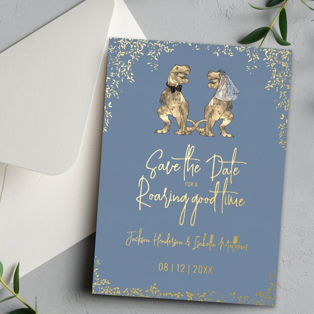 Funny Dinosaur Wedding Save the Date Blue Gold Foil Invitation (Save the date for a roaring good time funny dinosaur wedding announcement card dusty blue gold foil)