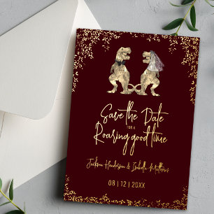 Funny Dinosaur Wedding Save the Date Burgundy Gold Foil Invitation