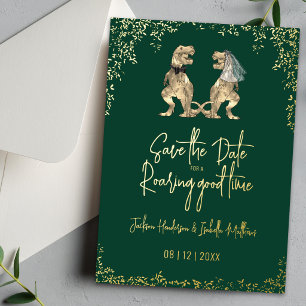 Funny Dinosaur Wedding Save the Date Gold Foil Invitation