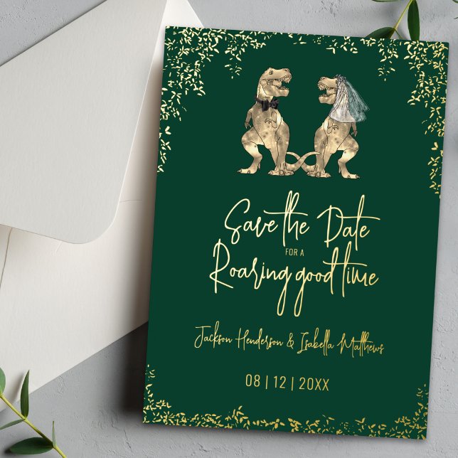 Funny Dinosaur Wedding Save the Date Gold Foil Invitation (Funny Dinosaur wedding save the date green & gold foil invitation)