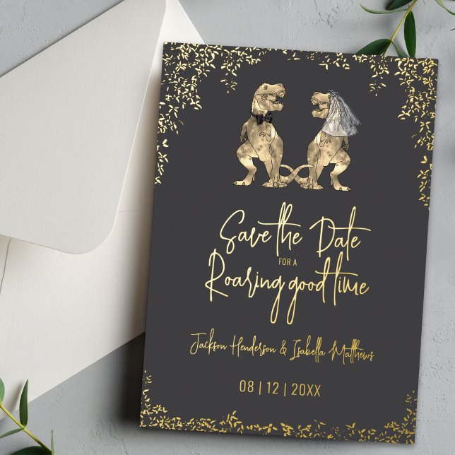 Funny Dinosaur Wedding Save the Date Gray Gold Foil Invitation (Save the date for a roaring good time funny dinosaur wedding invite card Charcoal gray gold foil)