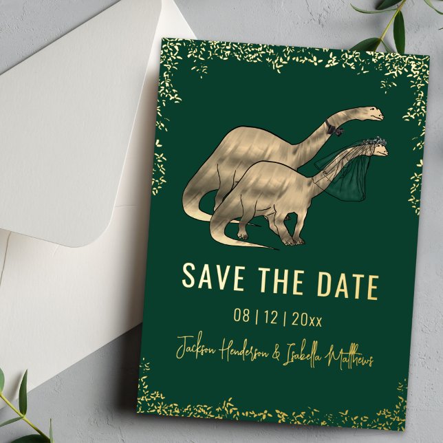 Funny Dinosaur Wedding Save the Date Green Gold Foil Invitation (Dinosaur wedding save the date green & gold foil foliage card Watercolor brontosaurus Jurassic dino)