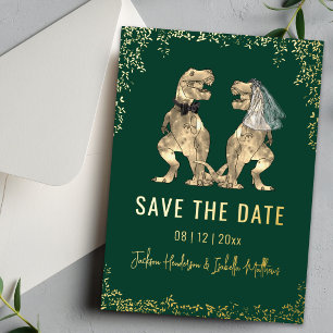 Funny Dinosaur Wedding Save the Date Green Gold Foil Invitation
