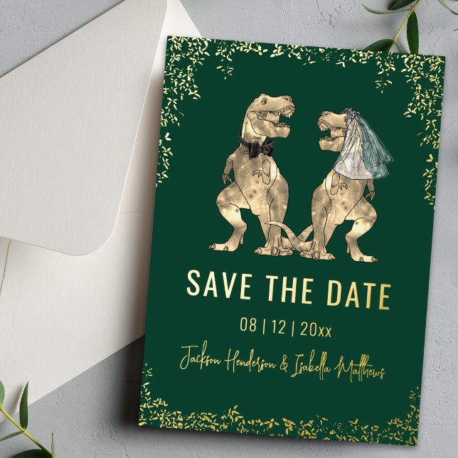Funny Dinosaur Wedding Save the Date Green Gold Foil Invitation (Dinosaur bride and groom wedding save the date green and gold foil card botanical Eucalyptus foliage)