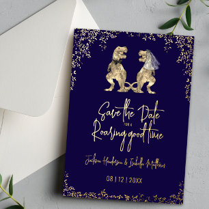 Funny Dinosaur Wedding Save the Date Navy Gold Foil Invitation