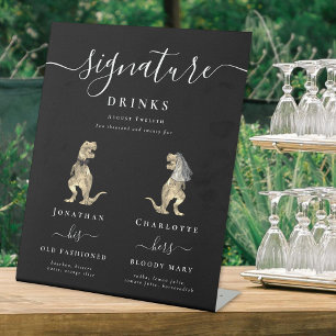 Funny Dinosaur Wedding Signature Drinks Bar Pedestal Sign