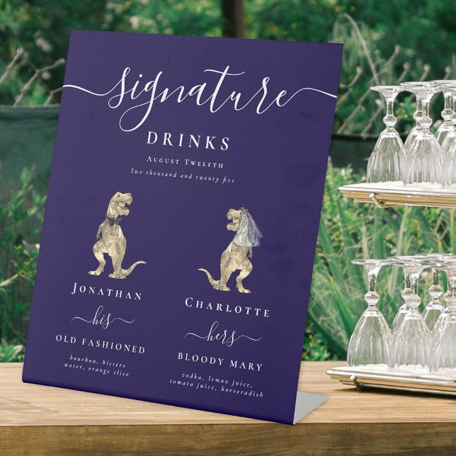 Funny Dinosaur Wedding Signature Drinks Navy Blue  Pedestal Sign (Funny Dinosaur wedding bride & groom signature drinks cocktail bar sign his and her cocktails T-Rex )