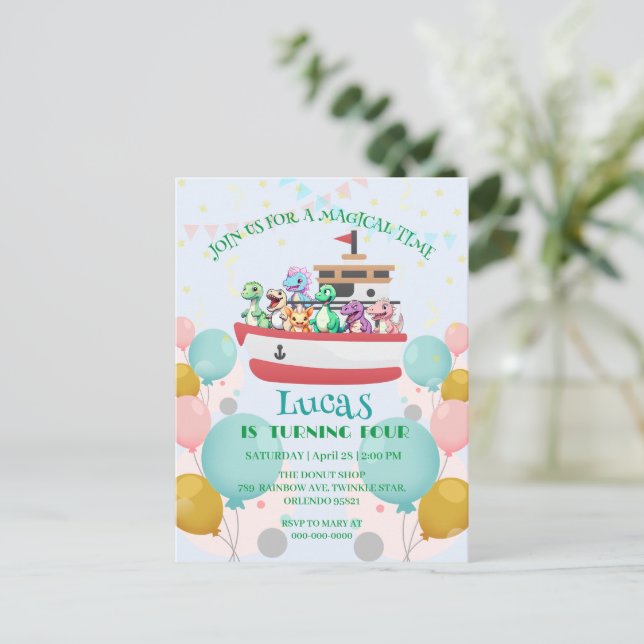 Funny dinosaur Yacht Birthday party DIY Name Postcard (Standing Front)