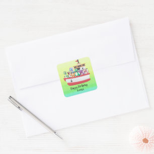 Funny dinosaur Yacht Birthday party DIY Name Square Sticker