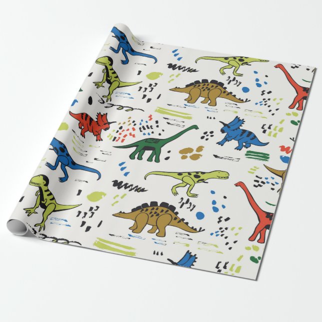 funny dinosaurs graphic color pattern wrapping paper (Unrolled)