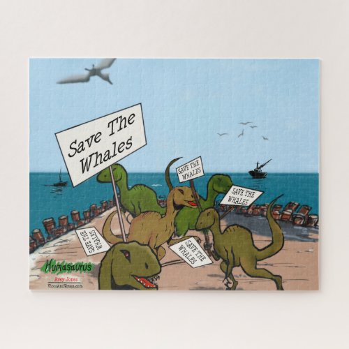 Funny Dinosaurs Protest Save the Whales Cartoon Jigsaw Puzzle