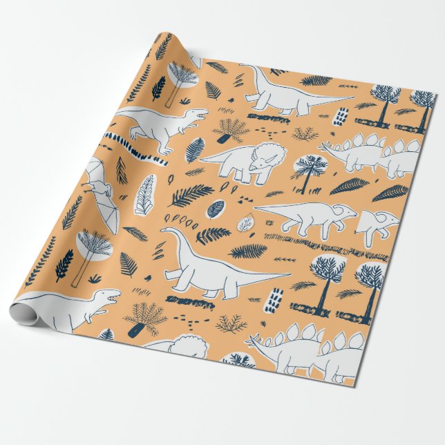 funny dinosaurs with palm leaves pattern wrapping paper (Unrolled)
