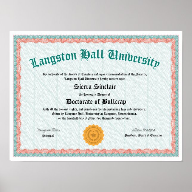 Funny Diploma, Doctorette of Bullcrap, Gag Gift Poster (Front)