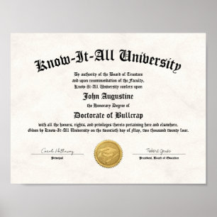 Funny Diploma, Doctorette of Bullcrap, Gag Gift Poster