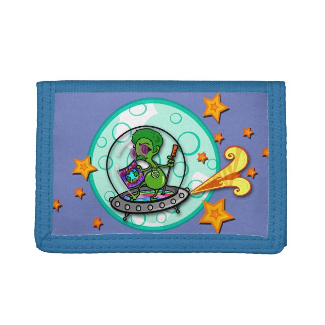 FUNNY DISCO ALIEN GRAPHIC NYLON TRI-FOLD WALLET (Front)