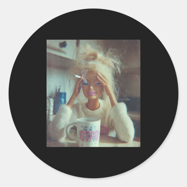 Funny Disgusting Doll Face Meme Smoking Sad Sarcas Classic Round Sticker (Front)