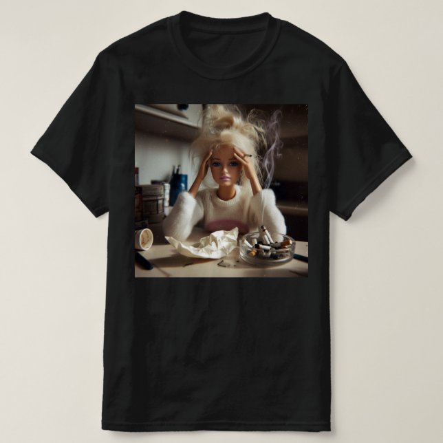 Funny Distressed Doll Face Meme Smoking Sarcastic  T-Shirt (Design Front)